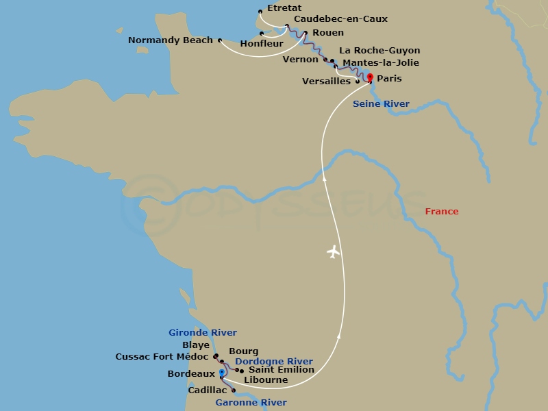S.S. Bon Voyage - 14 Night - A Portrait of Majestic France - S.S. Bon Voyage - Starting in Bordeaux, Cussac Fort Medoc, Pauillac, Cadillac, Blaye, Bourg sur Gironde, Libourne (.. itinerary map