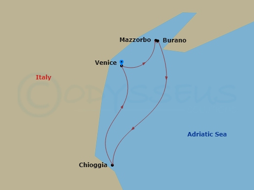 S.S. La Venezia Cruise Tours - 10 Night - Rome, Venice & the Jewels of Veneto - S.S. La Venezia Cruise Tours - Starting in Venice, Venice (Padua), Mazzorbo (Burano), Mazzorbo, Burano, Chiog.. itinerary map