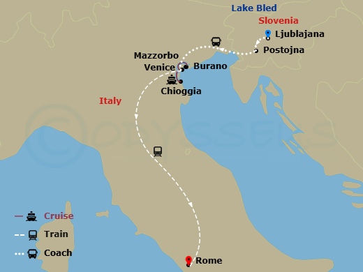 S.S. La Venezia Cruise Tours - 13 Night - Grand Highlights of Italy & Slovenia - S.S. La Venezia Cruise Tours - Starting in Ljubljana, Ljubljana (Lake Bled), Ljubljana (Postojna), Transfer.. itinerary map
