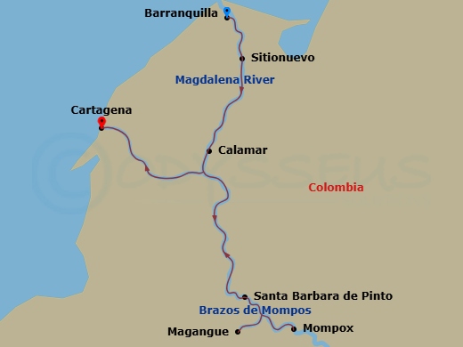 AmaMagdalena - 7 Night - Magic of Colombia - AmaMagdalena - Starting in Barranquilla, Sitionuevo, Santa Barbara de Pinto, Mompox, Magangue, Calamar, Cartagena CO itinerary map