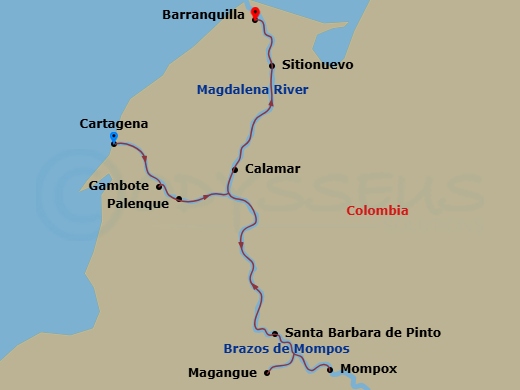 AmaMelodia - 7 Night - Wonders of Colombia - AmaMelodia - Starting in Cartagena CO, Gambote / Palenque, Calamar, Santa Barbara de Pinto, Mompox, Magangue, Sitionuevo, Barr.. itinerary map