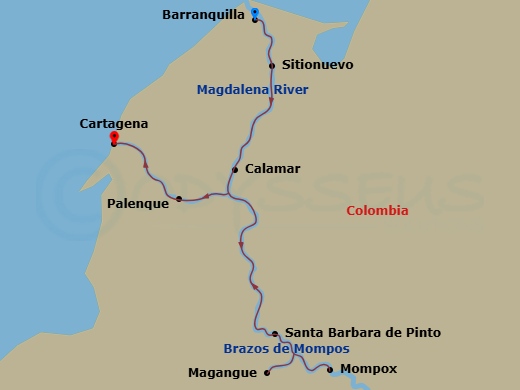 AmaMelodia - 7 Night - Magic of Colombia - AmaMelodia - Starting in Barranquilla, Sitionuevo, Magangue, Mompox, Santa Barbara de Pinto, Calamar, Palenque, Cartagena CO itinerary map
