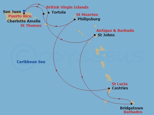 NCL Norwegian Epic - 7 Night - Southern Caribbean - San Juan - NCL Norwegian Epic - Starting in San Juan, Pr, Tortola, British Virgin Islands, St Johns AG, Antigua, Bridgetown, Ba.. itinerary map