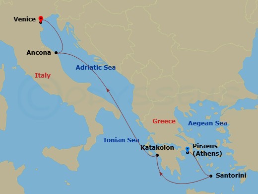 MSC Lirica - 5 Night - Mediterranean - MSC Lirica - Starting in Piraeus (Athens), Greece, Santorini, Greece, Katakolon (Olympia), Greece, Ancona (Urbino), Italy, Venice /.. itinerary map