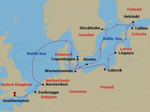 14 Night - Castles, Forts & Windmills - Seven Seas Splendor - Starting in Copenhagen, Berlin (Warnemunde), Ronne, Cruising the Baltic Sea, Stockholm, Tallinn, Helsinki, Liepaja, Gdansk (Gdynia), Cruising the Skagerrak, Cruising the North Sea, Amsterdam, Bruges (Zeebrugge), London (Southampton) itinerary map