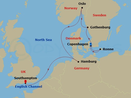 EXPLORA IV - 7 Night - A Journey Through Canalside Allure and Scenic Coastal Delights - EXPLORA IV - Starting in Copenhagen, Ronne, Goteborg, Oslo, Hamburg, Southampton itinerary map