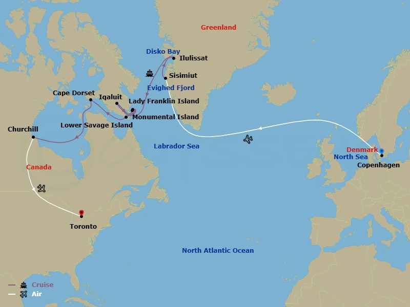16 Night - Greenland to Hudson Bay & the Canadian Arctic - Scenic Eclipse - Starting in Copenhagen, Denmark, Copenhagen, Denmark / Kangerlussuaq, Greenland, Sisimiut, Ilulissat, Disko Bay Cruising, Evighed Fjord / Eternity Glacier, Iqaluit, Baffin Island, Canada, Monumental Island / Lady Franklin Island, Lower Savage Islands, Kinngait (Cape Dorset), Baffin Island, Canada, Churchill, Canada, Churchill, Canada / Toronto, Toronto, Canada itinerary map