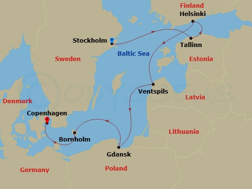 Star Legend - 7 Night - Seven Gems of the Baltic - Star Legend - Starting in Stockholm, Tallinn, Helsinki, Ventspils, Latvia, Gdansk, Bornholm, Copenhagen itinerary map