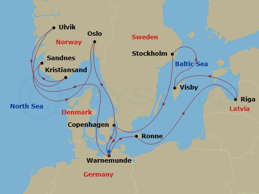 MSC Magnifica - 14 Night - Northern Europe - MSC Magnifica - Starting in Warnemunde (Berlin), Germany, Ronne, Denmark, Riga, Latvia, Visby, Sweden, Stockholm, Sweden, Copenha.. itinerary map
