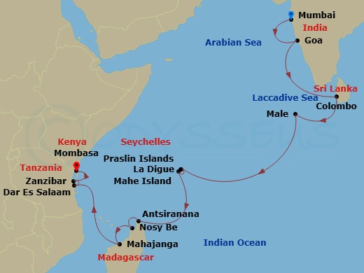 Crystal Symphony - 19 Night - Africa & Indian Ocean - Crystal Symphony - Starting in Mumbai, Mormugao (Goa), Colombo, Male, Praslin, La Digue, Mahe, Praslin, La Digue, Antsirana.. itinerary map