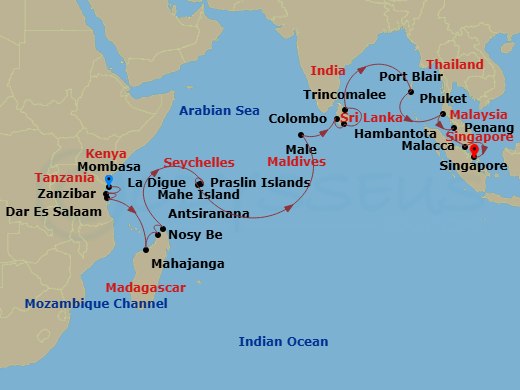 Crystal Symphony - 25 Night - Africa & Indian Ocean - Crystal Symphony - Starting in Mombasa, Zanzibar, Dar Es Salaam, Mahajanga, Nosy Be, Antsiranana (Diego-Suarez), Praslin, L.. itinerary map