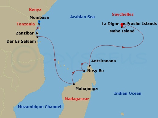 Crystal Symphony - 9 Night - Africa & Indian Ocean - Crystal Symphony - Starting in Mombasa, Zanzibar, Dar Es Salaam, Mahajanga, Nosy Be, Antsiranana (Diego-Suarez), Praslin, La.. itinerary map