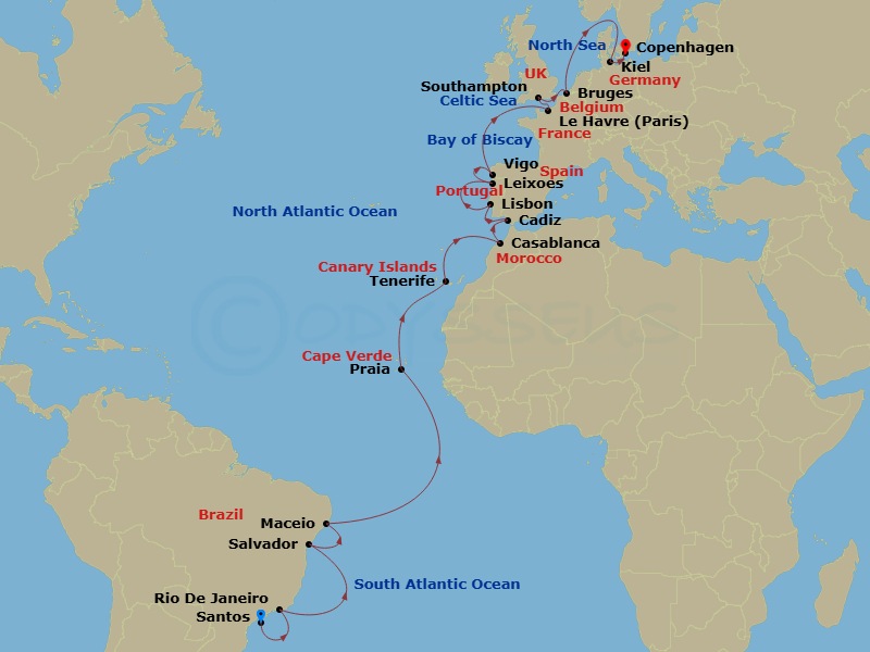 Costa Diadema - 27 Night - Transatlantic from Santos - Costa Diadema - Starting in Santos, Rio De Janeiro, Salvador Bahia, Maceio, Praia, Santa Cruz de Tenerife, Casablanca,.. itinerary map