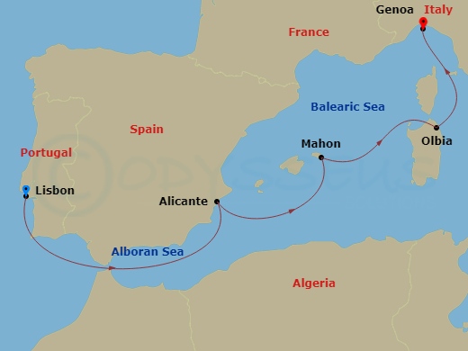 5 Night - Mediterranean - MSC Opera - Starting in Lisbon (Cascais), Portugal, Alicante, Spain, Mahon, Menorca, Spain, Olbia, Italy, Genoa (Portofino), Italy itinerary map