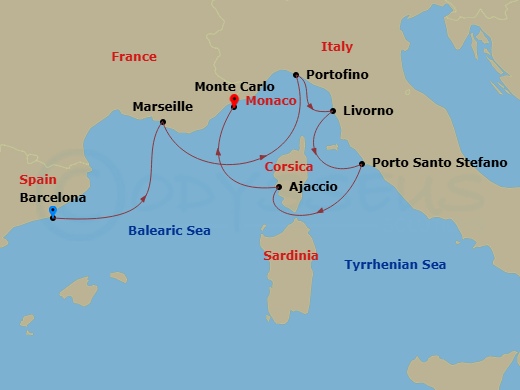 Silver Ray - 6 Night - Barcelona to Monte Carlo - Silver Ray - Starting in Barcelona, Marseille, Portofino, Livorno (Tuscany), Porto Santo Stefano, Ajaccio (Corsica), Mont.. itinerary map