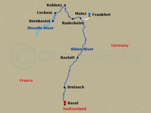Scenic Pearl - 7 Night - Castles & Vineyards of the Rhine & Moselle - Scenic Pearl - Starting in Frankfurt / Mainz, Koblenz, Bernkastel, Cochem, Rudesheim, Rastatt, Breisach.. itinerary map