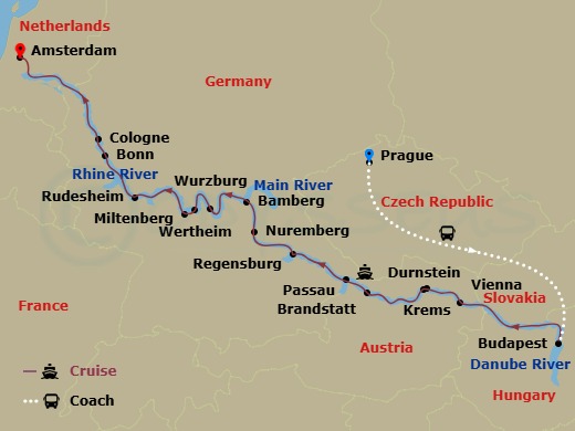 Scenic Opal - 17 Night - Jewels of Europe with Prague - Scenic Opal - Starting in Prague, Prague / Budapest, Budapest, Vienna, Krems / Durnstein, Brandstatt / Passau, Regen.. itinerary map