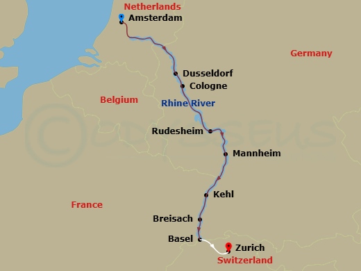 Scenic Amber - 7 Night - Rhine Christmas Markets - Scenic Amber - Starting in Amsterdam, Dusseldorf, Cologne, Rudesheim, Mannheim, Kehl, Breisach, Basel / Zurich itinerary map