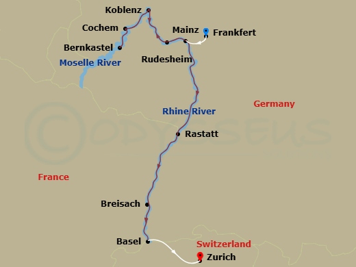 Scenic Pearl - 7 Night - Charming Castles & Vineyards of the Rhine & Moselle - Scenic Pearl - Starting in Frankfurt / Mainz, Koblenz, Bernkastel, Cochem, Rudesheim, Rastatt,.. itinerary map