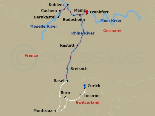 Scenic Pearl - 11 Night - Charming Castles & Vineyards of the Rhine & Moselle with Switzerland - Scenic Pearl - Starting in Zurich, Zurich / Lucerne / Bern, Bern / Montreux,.. itinerary map