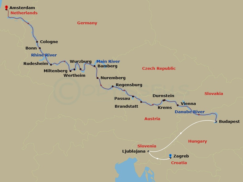Scenic Jade - 18 Night - Jewels of Europe with Zagreb & Ljubljana - Scenic Jade - Starting in Zagreb, Zagreb / Ljubljana, Ljubljana, Ljubljana / Budapest, Budapest, Vienna,.. itinerary map