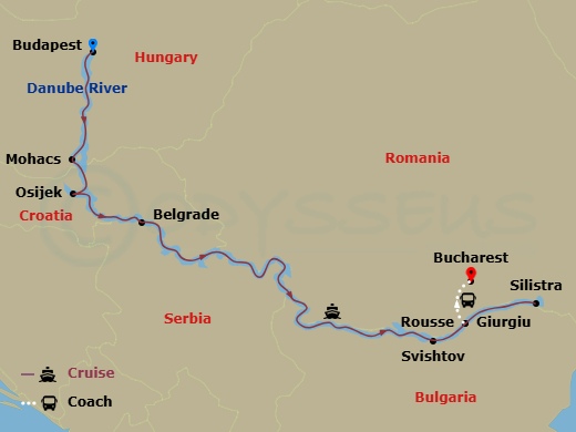 Scenic Jasper - 8 Night - Eastern Europe & Balkans Unveiled - Scenic Jasper - Starting in Budapest, Mohacs, Osijek, Belgrade, Cruising Day, Svishtov / Rousse, Silistra, Giurg.. itinerary map