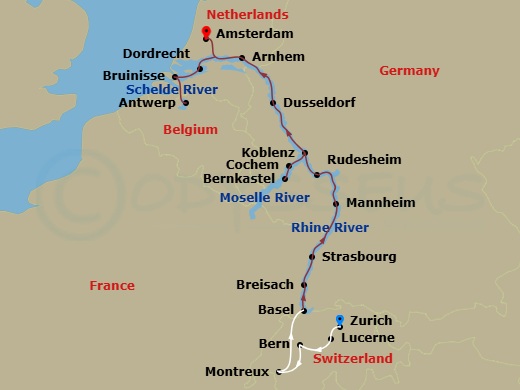 Scenic Opal - 18 Night - Romantic Rhine & Moselle with Switzerland - Scenic Opal - Starting in Zurich, Zurich / Lucerne / Bern, Bern / Montreux, Montreux, Montreux / Basel,.. itinerary map