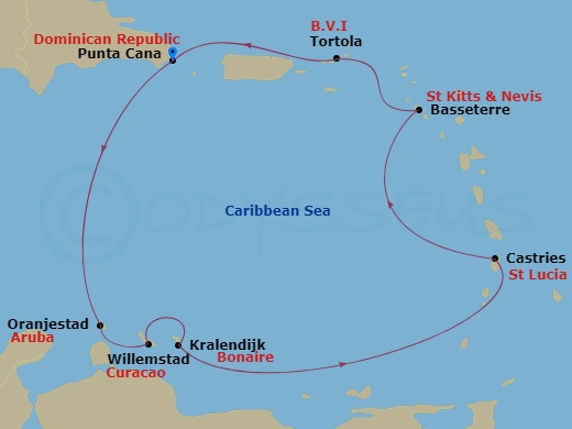 NCL Norwegian Sky - 7 Night - Caribbean - NCL Norwegian Sky - Starting in Punta Cana (La Romana), Dominican Republic, Oranjestad, Aruba, Willemstad AN, Netherlands Antilles, Kral.. itinerary map