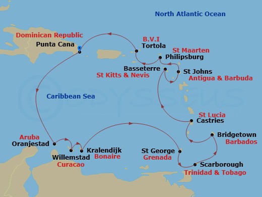 NCL Norwegian Sky - 12 Night - Caribbean - NCL Norwegian Sky - Starting in Punta Cana (La Romana), Dominican Republic, Oranjestad, Aruba, Willemstad AN, Netherlands Antilles, Kra.. itinerary map