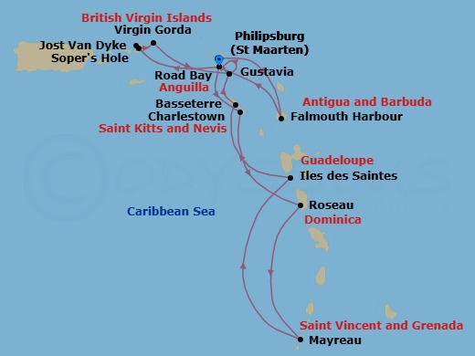 14 Night - Star Collector : Caribbean Explorations - Wind Surf - Starting in Philipsburg, St Maarten, Charlestown, Roseau, Mayreau, Les Saintes, Basseterre, Gustavia, Philipsburg, St Maarten, Sopers Hole, Jost Van Dyke, Great Harbour, Virgin Gorda / Prickly Pear, British Virgin Islands, Gustavia, Road Bay, Falmouth Harbour, Philipsburg, St Maarten itinerary map