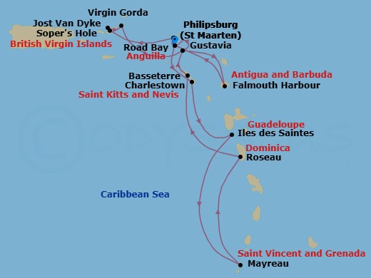 14 Night - Star Collector : Caribbean Explorations - Wind Surf - Starting in Philipsburg, St Maarten, Charlestown, Les Saintes, Mayreau, Roseau, Basseterre, Gustavia, Philipsburg, St Maarten, Road Bay, Sopers Hole, Jost Van Dyke, Great Harbour, Virgin Gorda / Prickly Pear, British Virgin Islands, Gustavia, Falmouth Harbour, Philipsburg, St Maarten itinerary map