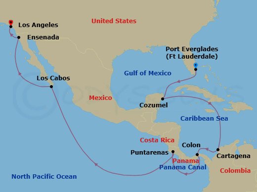 17 Night - Panama Canal & the Pacific Coast - Viking Vesta - Starting in Fort Lauderdale, Florida, Scenic Sailing Gulf of Mexico, Cozumel, Mexico, Sail the Caribbean Sea, Cartagena CO, Colon, Scenic Sailing Panama Canal, Sail the Pacific Ocean, Puntarenas (Puerto Caldera), Sail the Pacific Ocean, Cabo San Lucas, Sail the Pacific Ocean, Ensenada, Los Angeles, California itinerary map