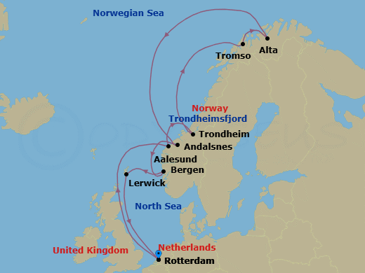 14 Night - Arctic Circle & Northern Lights - Rotterdam - Starting in Rotterdam, the Netherlands, Alesund, Norway, Trondheim, Norway, Scenic Cruising Trondheimsfjord, Crossing the Arctic Circle, Tromso, Norway, Alta, Norway, Crossing the Arctic Circle, Andalsnes, Norway, Bergen, Norway, Lerwick, Shetland Islands, United Kingdom, Rotterdam, the Netherlands itinerary map