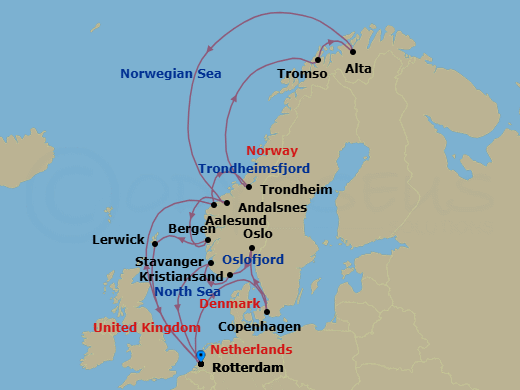 21 Night - Norway Fjords & Northern Lights - Rotterdam - Starting in Rotterdam, the Netherlands, Copenhagen, Denmark, Scenic cruising Oslofjord, Oslo, Norway, Kristiansand, Norway, Stavanger, Norway, Rotterdam, the Netherlands, Alesund, Norway, Trondheim, Norway, Scenic Cruising Trondheimsfjord, Crossing the Arctic Circle, Tromso, Norway, Alta, Norway, Crossing the Arctic Circle, Andalsnes, Norway, Bergen, Norway, Lerwick, Shetland Islands, United Kingdom, Rotterdam, the Netherlands itinerary map