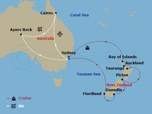 Discovery Princess Cruise Tours - 20 Night - Australian Outback - Tour 3N - Discovery Princess Cruise Tours - Starting in Sydney AU, Uluru (Ayers Rock), Australia, Cairns, Australia, Sydney AU.. itinerary map