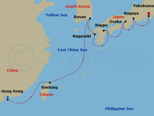 11 Night - Whispers of the Far East - Oceania Riviera - Starting in Hong Kong, Taipei (Keelung), Busan, Nagasaki, Beppu, Osaka, Nagoya, Tokyo (Yokohama) itinerary map