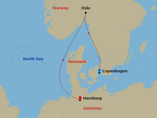 MSC Preziosa - 3 Night - Msc Grand Voyages - MSC Preziosa - Starting in Copenhagen, Denmark, Oslo, Norway, Hamburg, Germany itinerary map