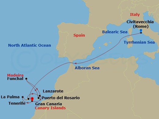 MSC Fantasia - 11 Night - Canary Islands and Madeira - MSC Fantasia - Starting in Civitavecchia (Rome), Italy, Las Palmas de Gran Canaria (Canary Islands), Spain, Santa Cruz.. itinerary map