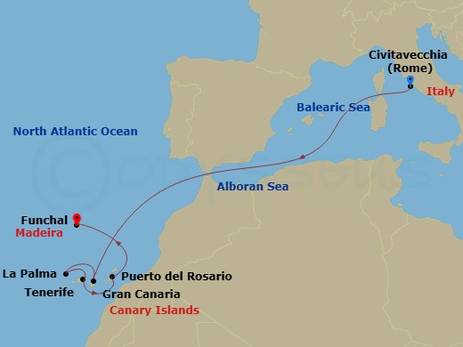 MSC Fantasia - 8 Night - Canary Islands and Madeira - MSC Fantasia - Starting in Civitavecchia (Rome), Italy, Las Palmas de Gran Canaria (Canary Islands), Spain, Santa Cruz.. itinerary map