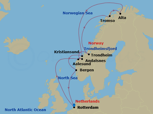 14 Night - Arctic Circle & Northern Lights - Nieuw Statendam - Starting in Rotterdam, the Netherlands, Alesund, Norway, Andalsnes, Norway, Trondheim, Norway, Scenic Cruising Trondheimsfjord, Crossing the Arctic Circle, Tromso, Norway, Alta, Norway, Crossing the Arctic Circle, Kristiansund, Norway, Bergen, Norway, Rotterdam, the Netherlands itinerary map
