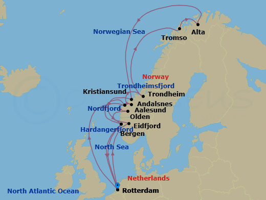 21 Night - Norwegian Fjords with Nordfjord & Northern Lights - Nieuw Statendam - Starting in Rotterdam, the Netherlands, Eidfjord, Norway, Scenic cruising Hardangerfjord, Olden, Norway, Scenic Cruising Nordfjord, Alesund, Norway, Bergen, Norway, Rotterdam, the Netherlands, Alesund, Norway, Andalsnes, Norway, Trondheim, Norway, Scenic Cruising Trondheimsfjord, Crossing the Arctic Circle, Tromso, Norway, Alta, Norway, Crossing the Arctic Circle, Kristiansund, Norway, Bergen, Norway, Rotterdam, the Netherlands itinerary map