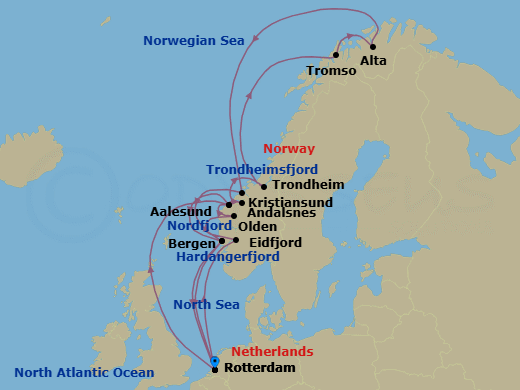 21 Night - Northern Lights & Norwegian Fjords with Nordfjord - Nieuw Statendam - Starting in Rotterdam, the Netherlands, Alesund, Norway, Andalsnes, Norway, Trondheim, Norway, Scenic Cruising Trondheimsfjord, Crossing the Arctic Circle, Tromso, Norway, Alta, Norway, Crossing the Arctic Circle, Kristiansund, Norway, Bergen, Norway, Rotterdam, the Netherlands, Eidfjord, Norway, Scenic cruising Hardangerfjord, Olden, Norway, Scenic Cruising Nordfjord, Alesund, Norway, Bergen, Norway, Rotterdam, the Netherlands itinerary map