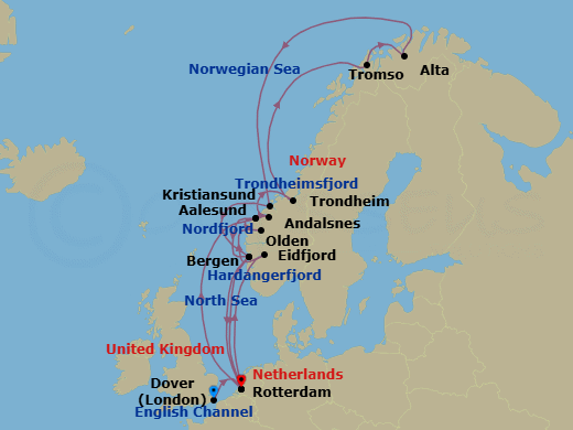 22 Night - Northern Lights & Norwegian Fjords with Nordfjord - Nieuw Statendam - Starting in Dover UK (London), England, Rotterdam, the Netherlands, Alesund, Norway, Andalsnes, Norway, Trondheim, Norway, Scenic Cruising Trondheimsfjord, Crossing the Arctic Circle, Tromso, Norway, Alta, Norway, Crossing the Arctic Circle, Kristiansund, Norway, Bergen, Norway, Rotterdam, the Netherlands, Eidfjord, Norway, Scenic cruising Hardangerfjord, Olden, Norway, Scenic Cruising Nordfjord, Alesund, Norway, Bergen, Norway, Rotterdam, the Netherlands itinerary map