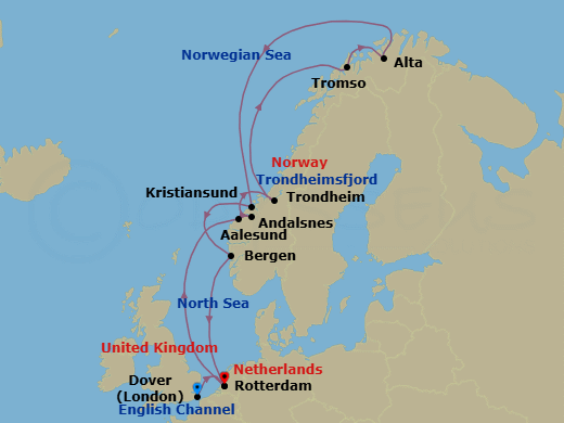 15 Night - Arctic Circle & Northern Lights - Nieuw Statendam - Starting in Dover UK (London), England, Rotterdam, the Netherlands, Alesund, Norway, Andalsnes, Norway, Trondheim, Norway, Scenic Cruising Trondheimsfjord, Crossing the Arctic Circle, Tromso, Norway, Alta, Norway, Crossing the Arctic Circle, Kristiansund, Norway, Bergen, Norway, Rotterdam, the Netherlands itinerary map