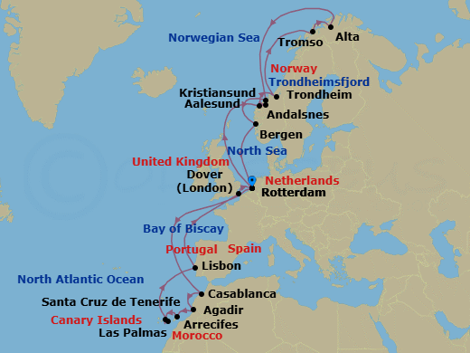 28 Night - Canary Islands & Northern Lights : Las Palmas - Nieuw Statendam - Starting in Rotterdam, the Netherlands, Casablanca, Morocco, Agadir, Morocco, Arrecife, Lanzarote, Canary Islands, Spain, Santa Cruz de Tenerife, Las Palmas, Gran Canaria, Canary Islands, Spain, Lisbon, Portugal, Dover UK (London), England, Rotterdam, the Netherlands, Alesund, Norway, Andalsnes, Norway, Trondheim, Norway, Scenic Cruising Trondheimsfjord, Crossing the Arctic Circle, Tromso, Norway, Alta, Norway, Crossing the Arctic Circle, Kristiansund, Norway, Bergen, Norway, Rotterdam, the Netherlands itinerary map