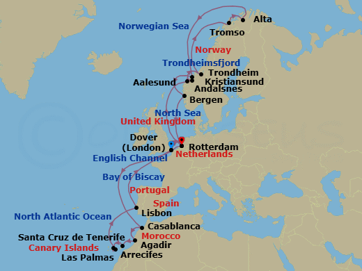 29 Night - Canary Islands & Northern Lights : Las Palmas - Nieuw Statendam - Starting in Dover UK (London), England, Rotterdam, the Netherlands, Casablanca, Morocco, Agadir, Morocco, Arrecife, Lanzarote, Canary Islands, Spain, Santa Cruz de Tenerife, Las Palmas, Gran Canaria, Canary Islands, Spain, Lisbon, Portugal, Dover UK (London), England, Rotterdam, the Netherlands, Alesund, Norway, Andalsnes, Norway, Trondheim, Norway, Scenic Cruising Trondheimsfjord, Crossing the Arctic Circle, Tromso, Norway, Alta, Norway, Crossing the Arctic Circle, Kristiansund, Norway, Bergen, Norway, Rotterdam, the Netherlands itinerary map