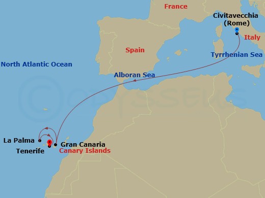 MSC Fantasia - 6 Night - Canary Islands and Madeira - MSC Fantasia - Starting in Civitavecchia (Rome), Italy, Las Palmas de Gran Canaria (Canary Islands), Spain, Santa Cruz.. itinerary map
