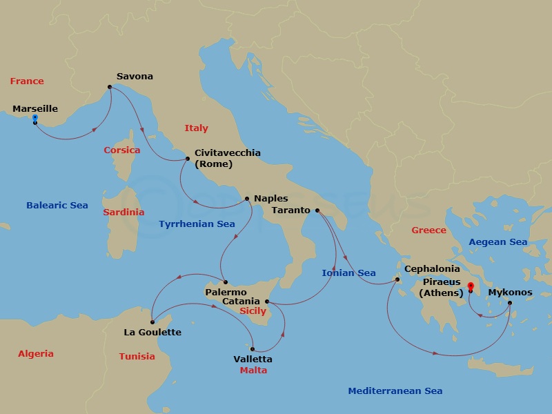 Costa Fascinosa - 11 Night - Eastern Mediterranean from Marseille - Costa Fascinosa - Starting in Marseille, Savona, Civitavecchia, Napoli, Palermo, La Goulette, Malta / La Val.. itinerary map