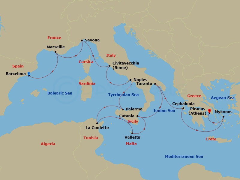 Costa Fascinosa - 12 Night - Eastern Mediterranean from Barcelona - Costa Fascinosa - Starting in Barcelona, Marseille, Savona, Civitavecchia, Napoli, Palermo, La Goulette, Mal.. itinerary map