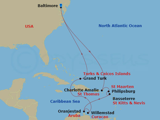 Carnival Pride - 14 Night - Journeys - Southern Caribbean - Carnival Pride - Starting in Baltimore, MD, St Thomas, US Virgin Islands, St Maarten, St Kitts, Aruba, Curacao, Gra.. itinerary map